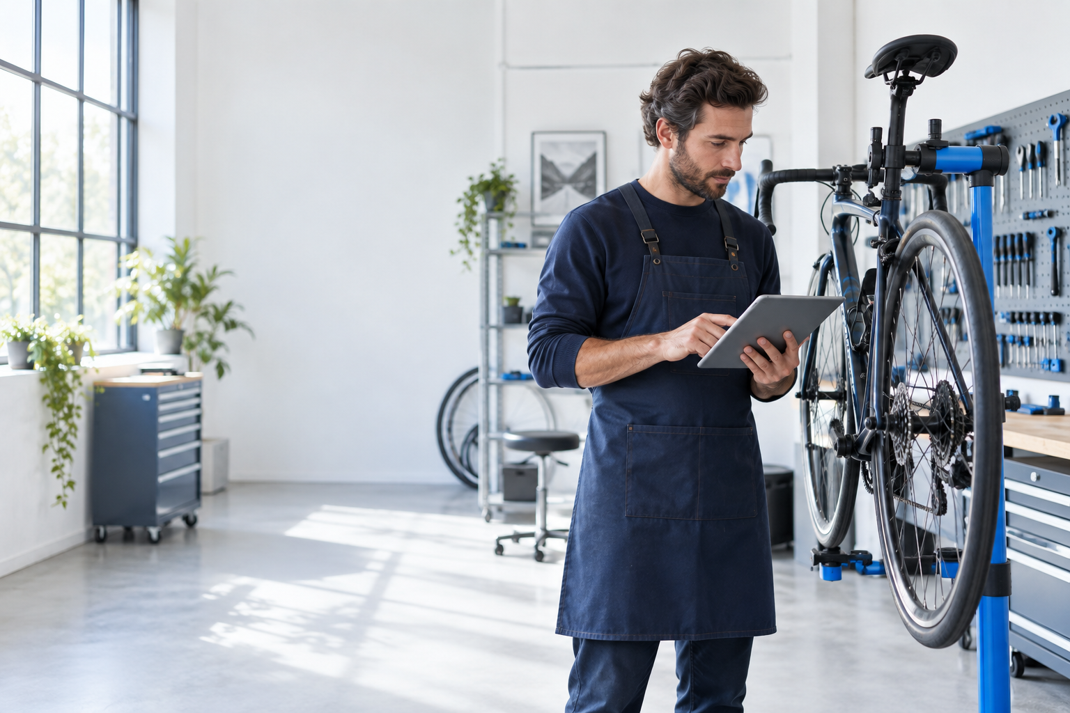 Mecánico de bicicletas documentando un servicio desde una tableta en un taller organizado